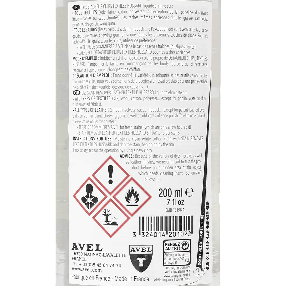 Détacheur cuir et textiles Avel, liquide de 200ml pour l’entretien des cuirs, bouteille avec étiquette.