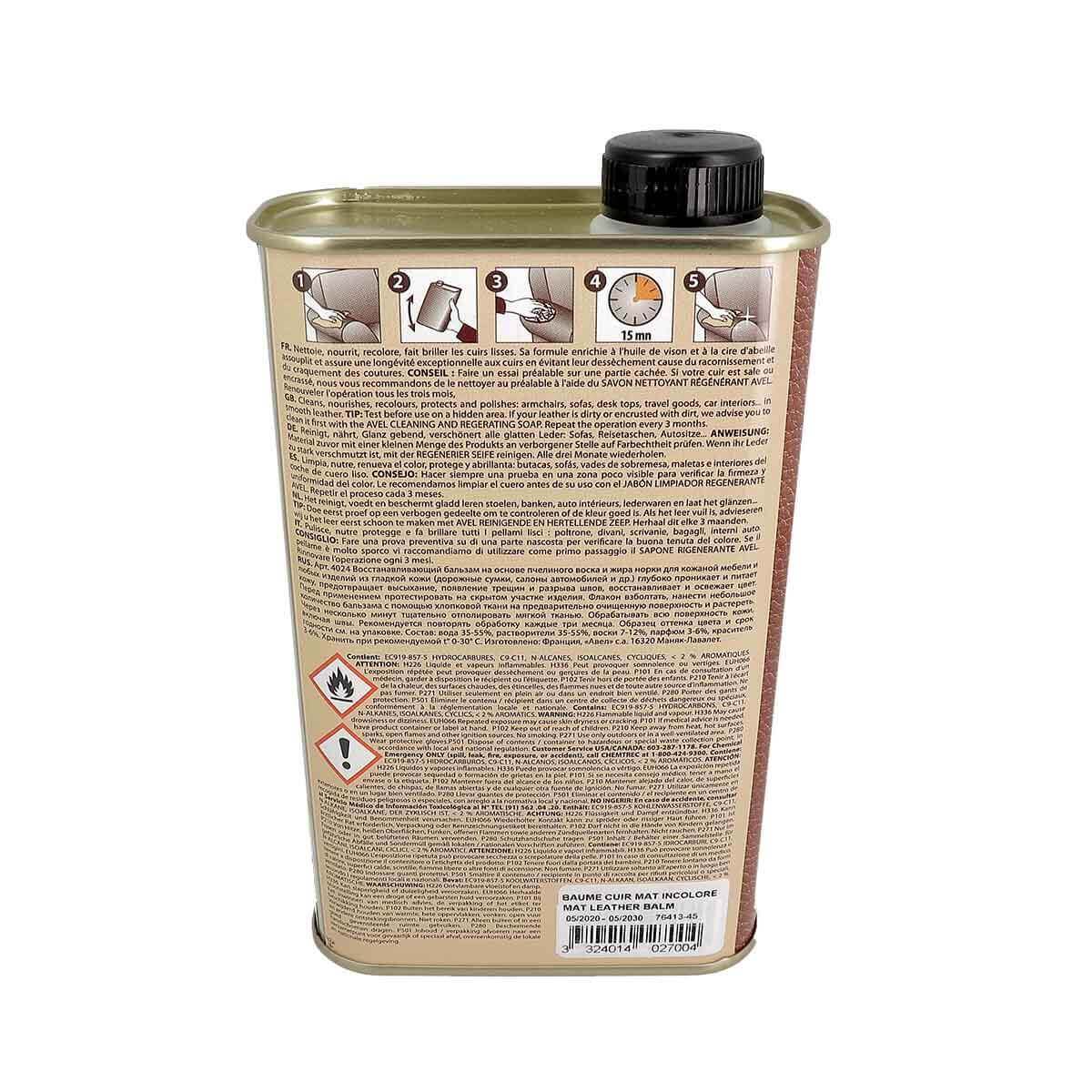 Baume rénovateur incolore pour cuir Mat Avel, liquide 500ml, entretien du cuir, bouteille transparente avec étiquette.