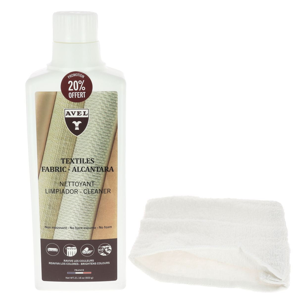 Nettoyant Avel pour textiles et alcantara, bidon de 500ml, destiné à l'entretien du cuir et des tissus délicats.
