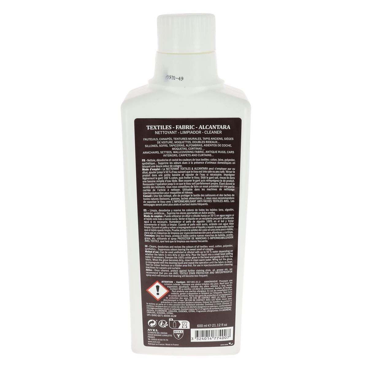 Nettoyant Avel pour textiles et alcantara, bidon de 500ml, dédié à l'entretien du cuir et des surfaces en alcantara.