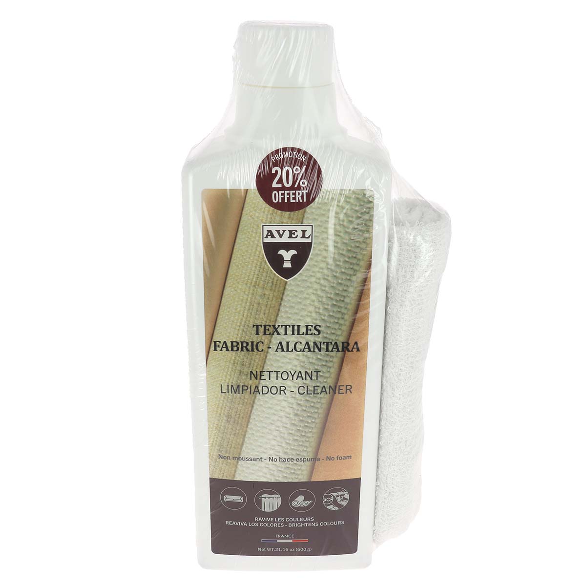 Nettoyant Avel pour textiles et Alcantara, bidon de 500 ml, entretien du cuir et tissus d'ameublement.