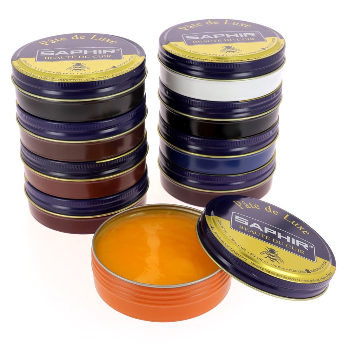 Cirage pâte de luxe Saphir Bleu Marine 06 pour l'entretien du cuir, 50 ml, texture riche et finition élégante.