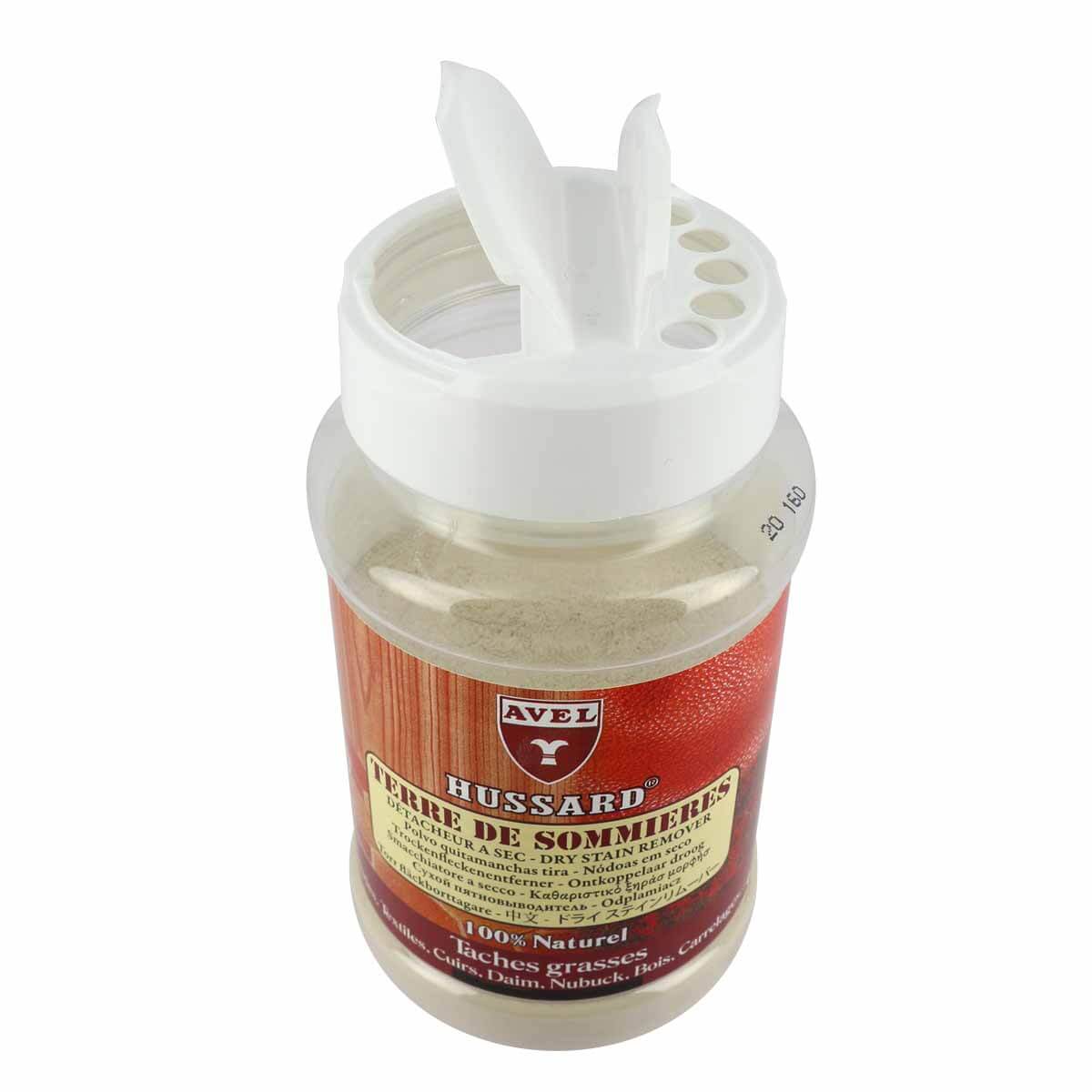 Détacheur Terre de Sommières Avel Hussard pour cuir, poudre blanche de 200g, utilisé pour nettoyer et entretenir le cuir.