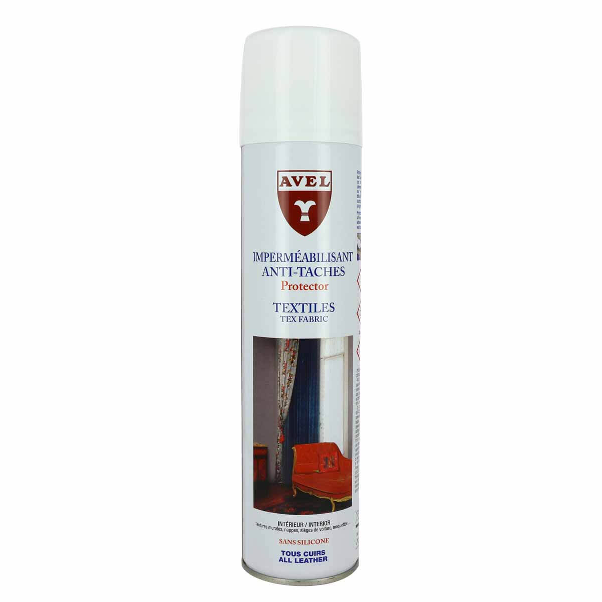 Aérosol imperméabilisant Avel pour textiles et cuir, 400 ml, protège contre les taches et l'humidité.