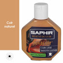 Recolorant pour cuir Saphir Juvacuir, 75 ml, pour l’entretien du cuir naturel, bouteille avec étiquette bleue et liquide coloré