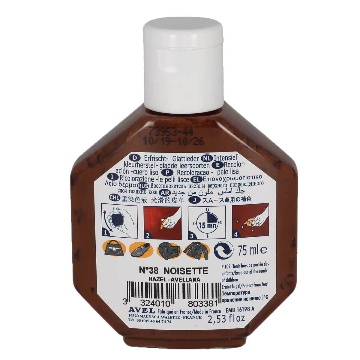 Recolorant pour cuir Saphir Juvacuir 75 ml, teinte noisette, destiné à l'entretien et la restauration du cuir.