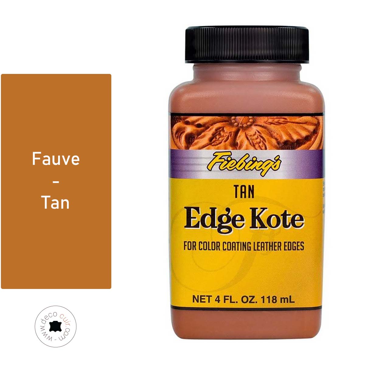 Finition de tranche pour cuir Fiebing's Edge Kote, teinture marron fauve, 118 ml, appliquée sur un bord de cuir.