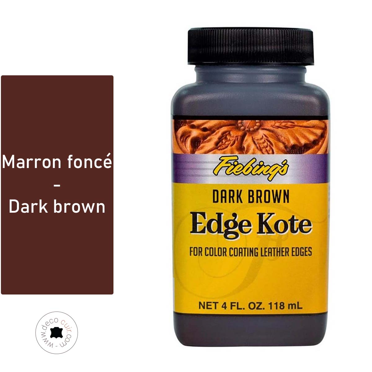 Finition de tranche pour cuir Fiebing's Edge Kote en marron foncé, bouteille de 118ml, utilisée pour la teinture et la finition.