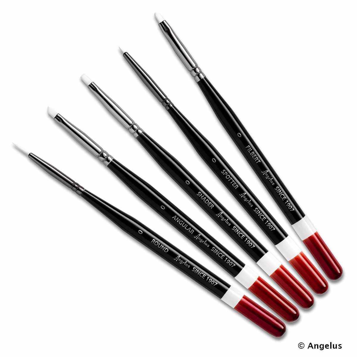 Set de 5 pinceaux micro détails Angelus pour peinture et teinture, avec poils fins et précision pour détails minutieux.