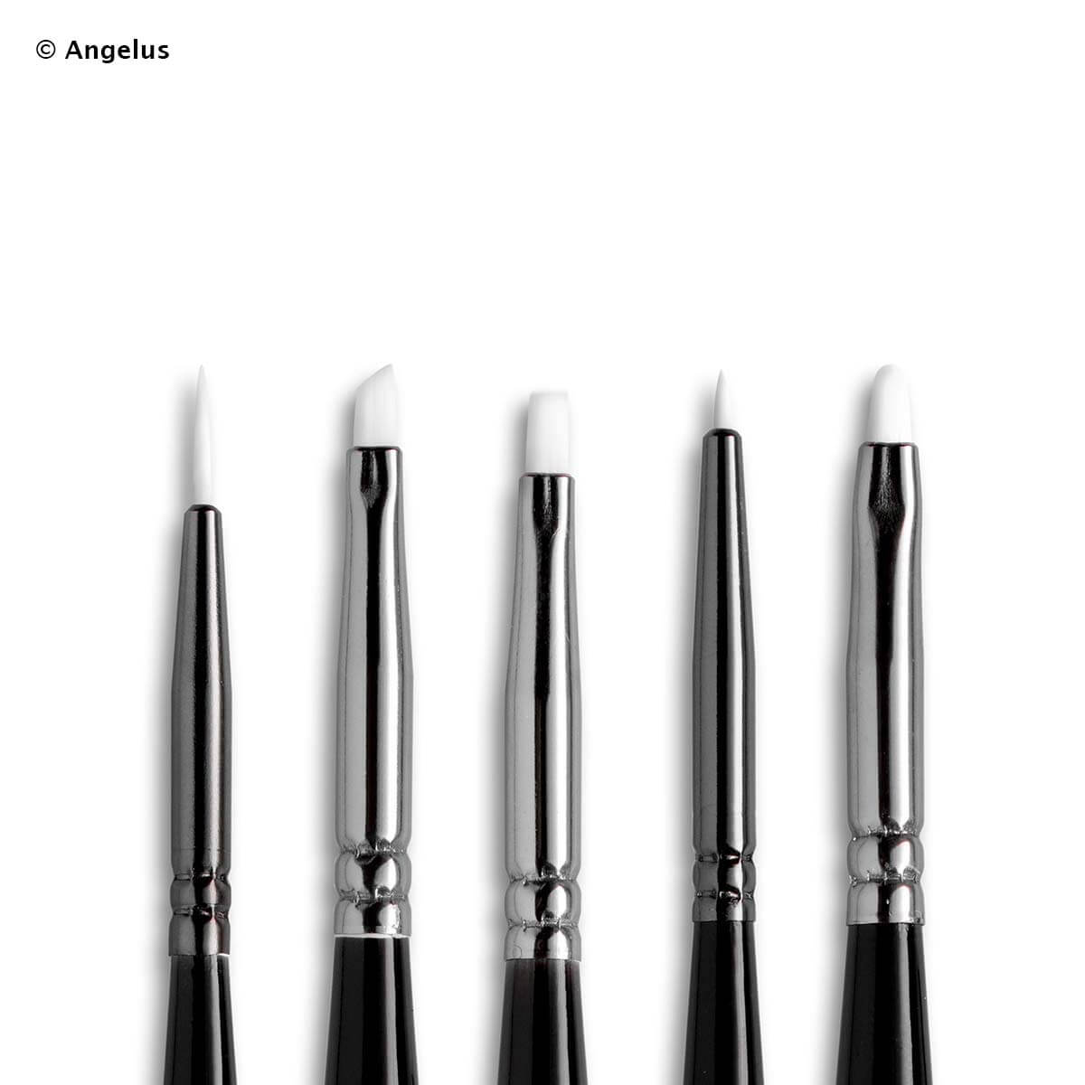 Set de 5 pinceaux micro détails Angelus pour précision en peinture et teinture, idéal pour détails fins et travaux délicats.