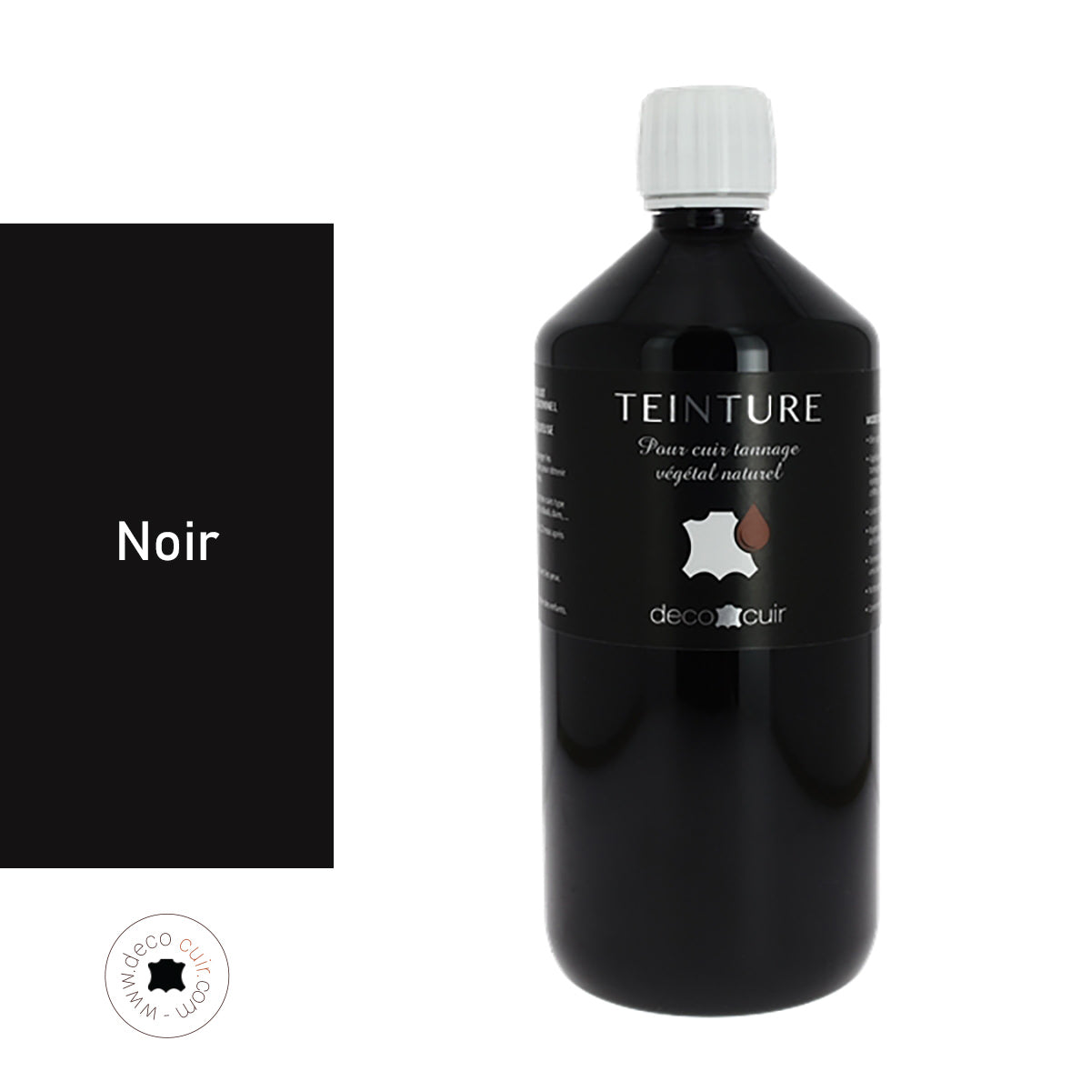 Teinture à base aqueuse Deco Cuir noir pour cuir, 1 litre, peinture et teintures pour confection et rénovation de cuir.