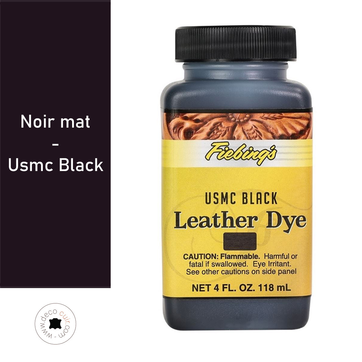 Teinture pour cuir Fiebing's Leather Dye noir mat, idéale pour redonner vie aux sacs, chaussures ou accessoires en cuir.