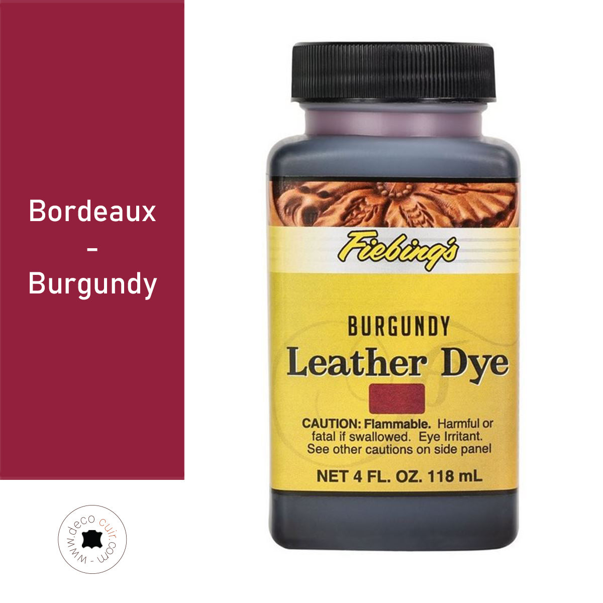 Teinture pour cuir Fiebing's Leather Dye Bordeaux, teinte rouge foncé pour cuir, bouteille de 118 ml.