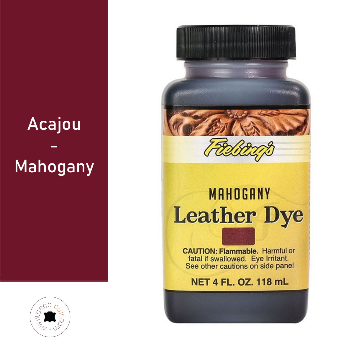 Teinture pour cuir Fiebing's Leather Dye Acajou, 118ml, en bouteille avec bouchon, couleur marron mahogany, pour cuir et accessoires.