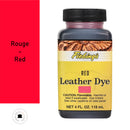 Teinture pour cuir Fiebing's Leather dye rouge, teintures et peintures pour rénovation de cuir, bouteille de 118 ml visible.