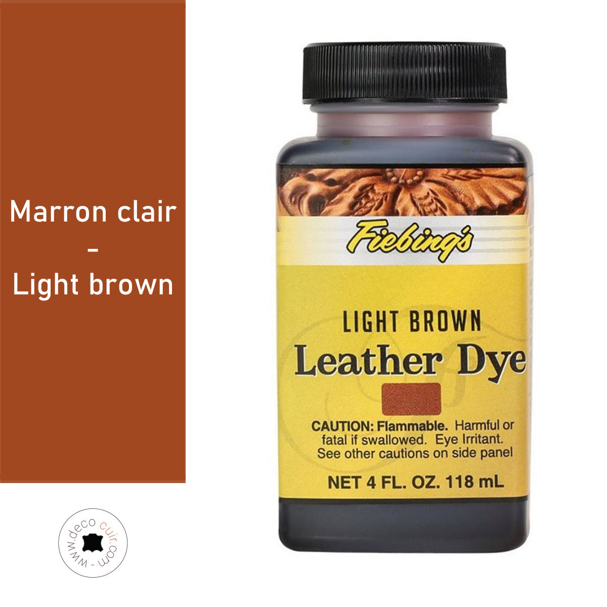 Teinture pour cuir Fiebing's Leather Dye en marron clair, flacon de 118 ml, pour recoloration et restauration du cuir.