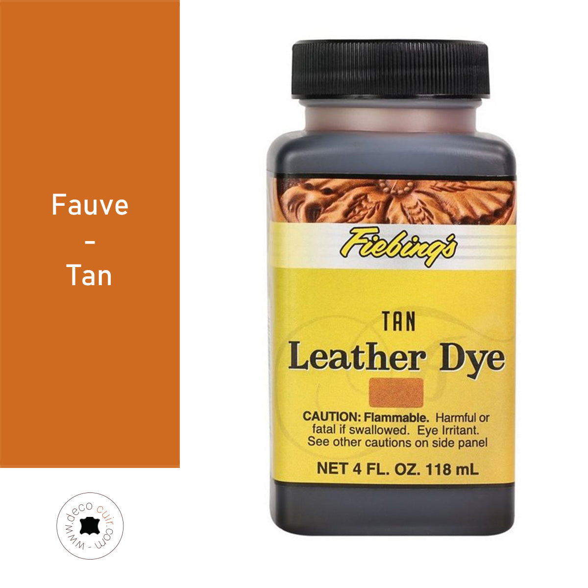 Teinture pour cuir Fiebing's Leather dye FAUVE / TAN, flacon de 118ml, mettant en valeur la couleur et la texture du cuir.