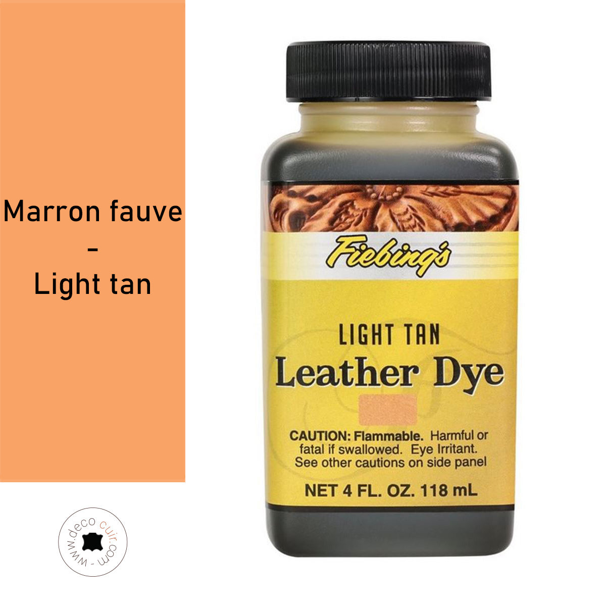 Teinture pour cuir Fiebing's Leather dye couleur marron fauve, flacon de 118ml, visible avec pinceau et cuir clair.