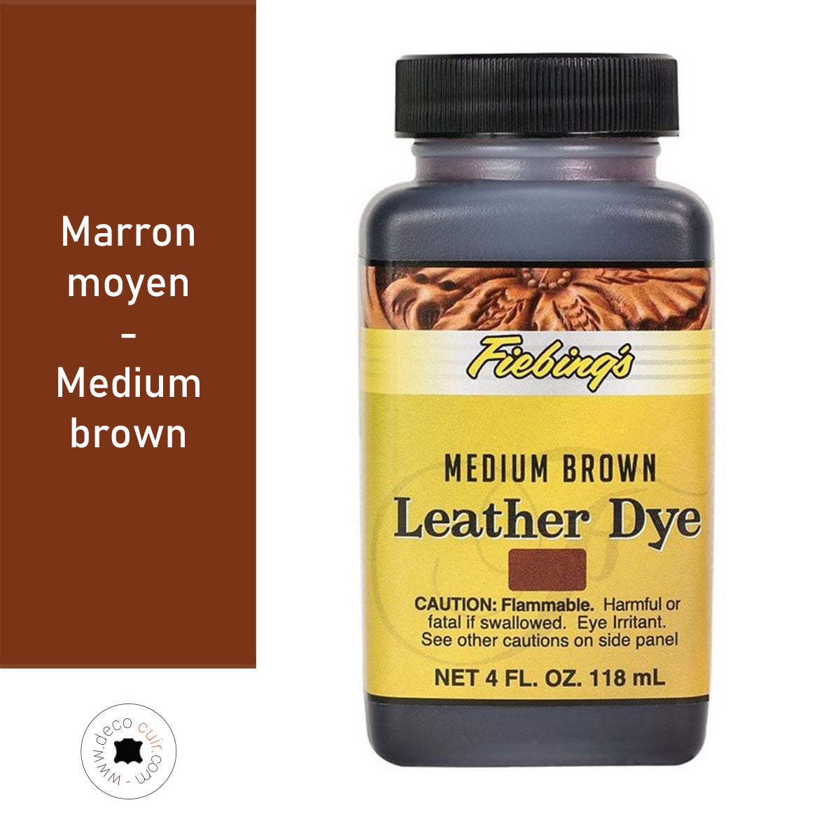 Teinture pour cuir Fiebing's Leather Dye marron moyen, flacon de 118 ml, couleur pour rehausser et réparer le cuir.