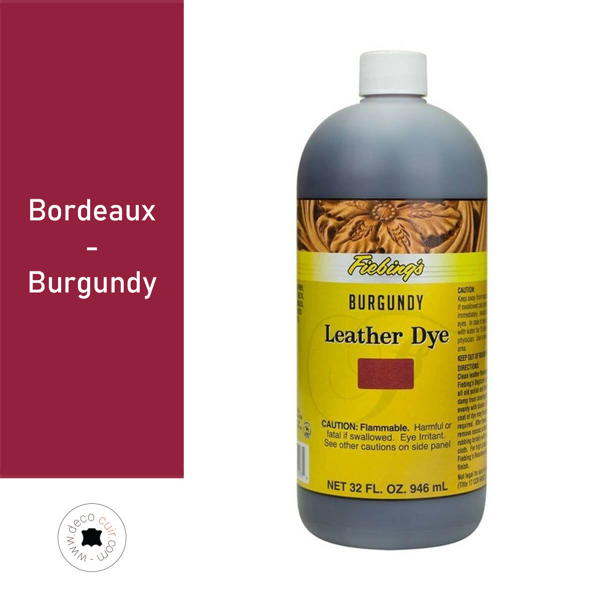 Teinture pour cuir Fiebing's Leather dye Bordeaux Burgundy, peinture liquide pour cuir, flacon de 936ml.