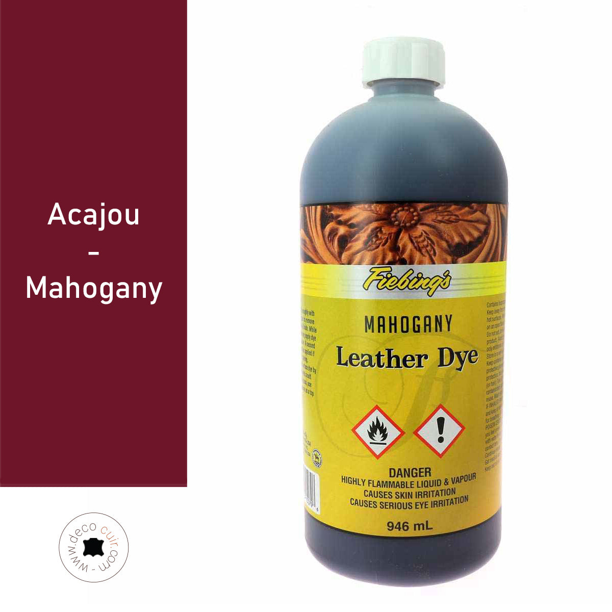 Teinture pour cuir Fiebing's Leather dye Acajou, teintures et peintures pour cuir, couleur marron chaud, flacon de 946ml.