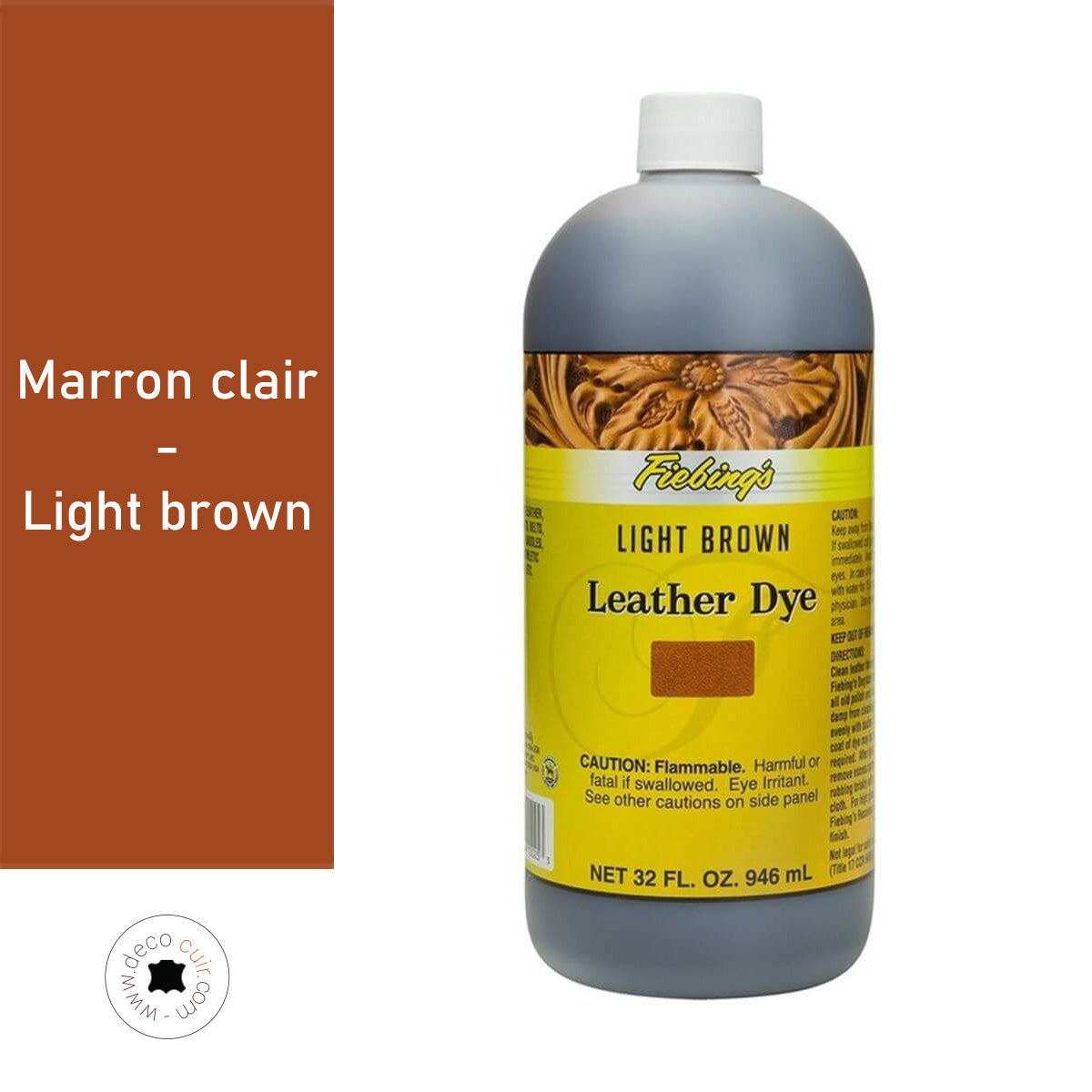 Teinture pour cuir Fiebing's Leather dye, couleur marron clair, bouteille de 936 ml, teintures et peintures pour cuir.