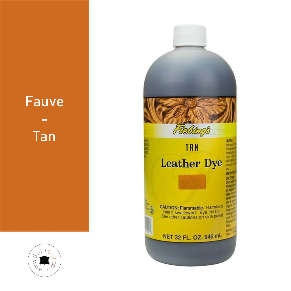 Teinture pour cuir Fiebing's Leather dye FAUVE / TAN, flacon de 936 ml, couleur marron clair pour cuir naturel.