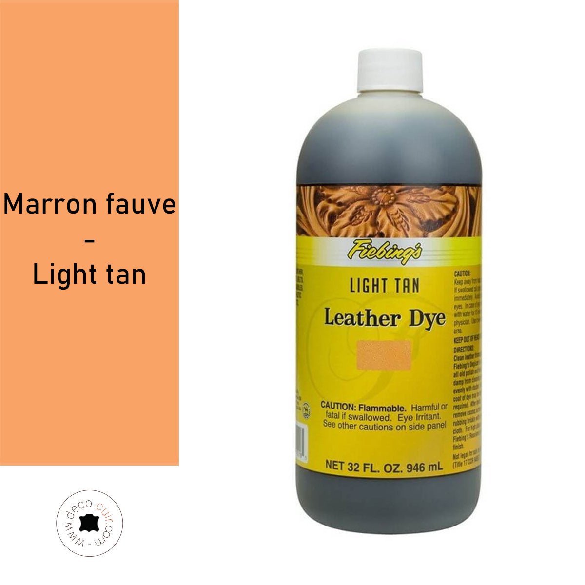 Teinture pour cuir Fiebing's Leather Dye en marron fauve, flacon de 936 ml, application sur cuir naturel clair.
