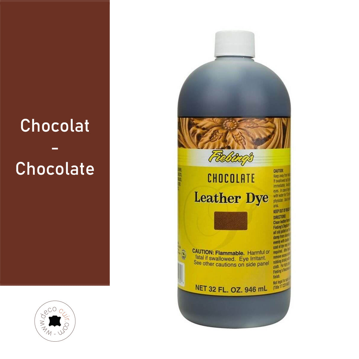 Teinture pour cuir Fiebing's Leather Dye couleur chocolat, flacon de 936 ml, liquide pour teindre et réparer le cuir.