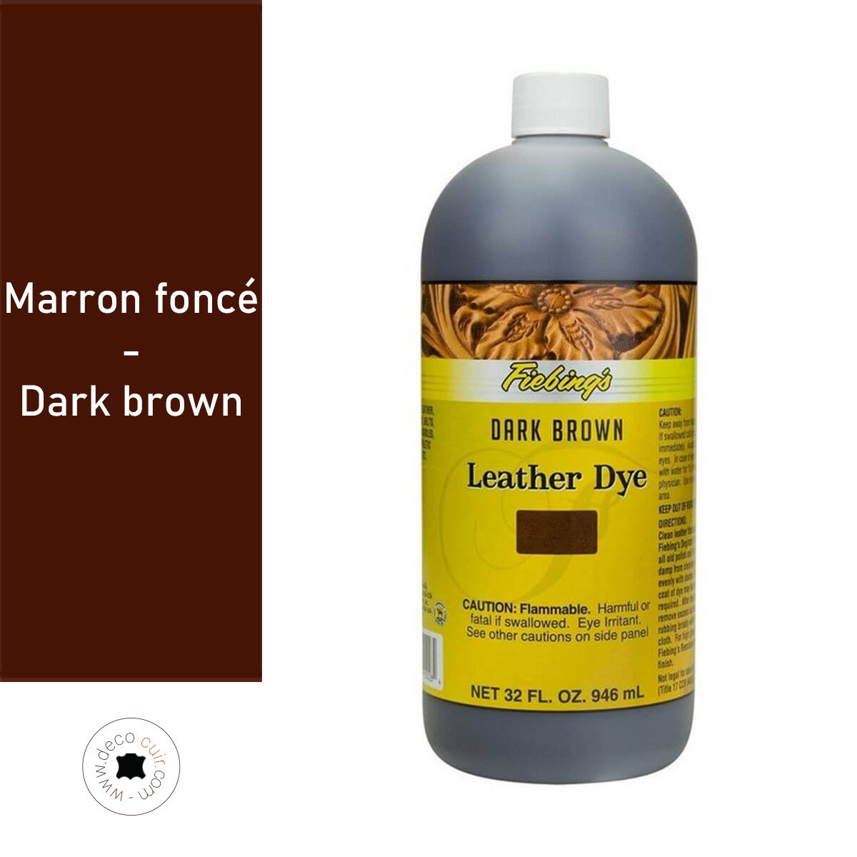 Teinture pour cuir Fiebing's Leather Dye marron foncé, bouteille de 936ml, application sur un cuir brun foncé.