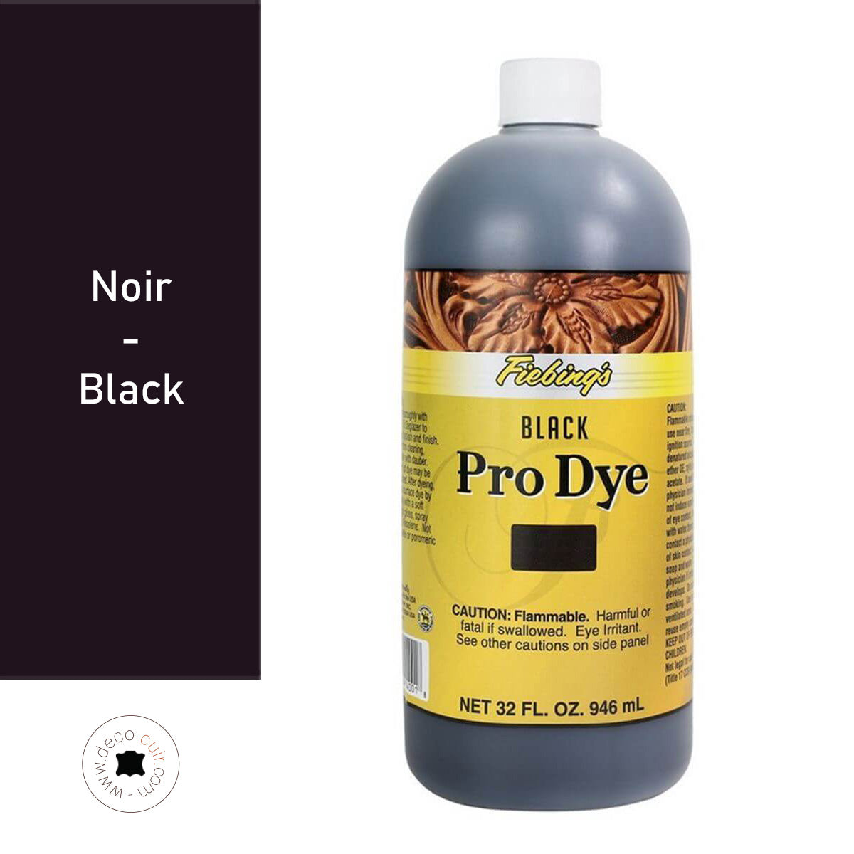 Teinture à l'huile Fiebing's Pro Dye noire, peinture pour cuir et matériaux, flacon de 936 ml, liquide noir profond.