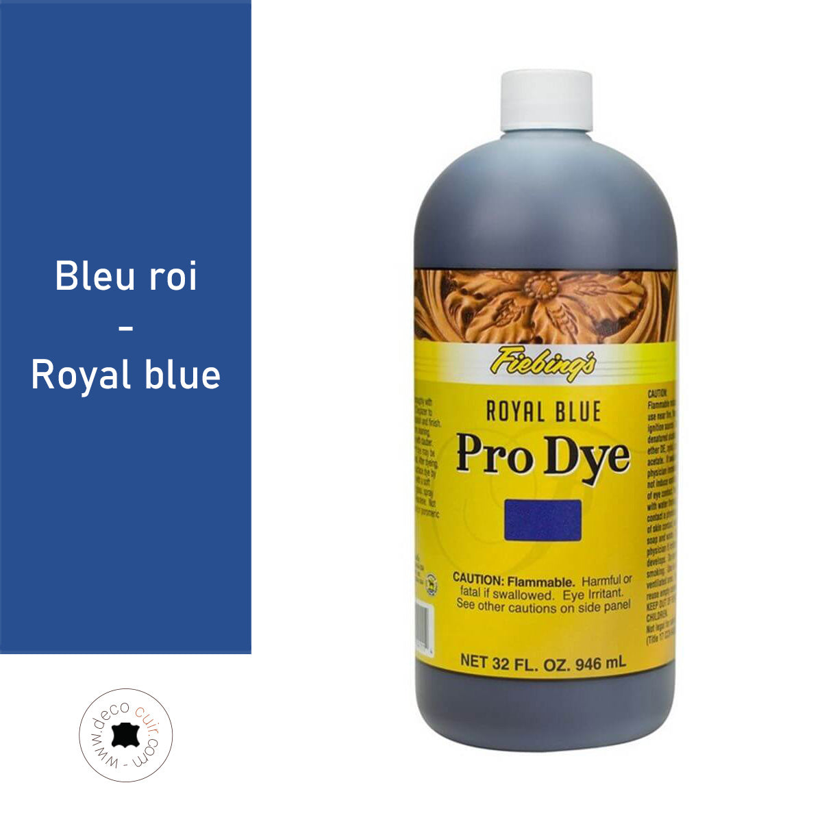Teinture à l'huile Fiebing's Pro Dye, couleur bleu roi, pour cuir et matériaux, dans flacon de 936 ml.