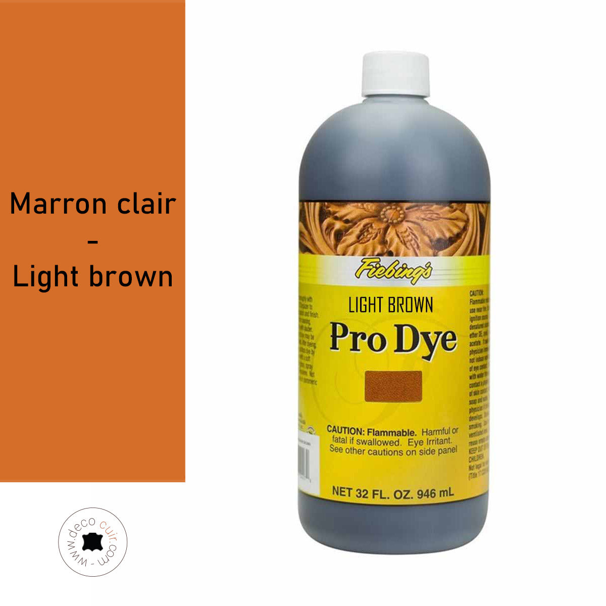 Teinture à l'huile Fiebing's Pro Dye marron clair dans un flacon de 936ml, pour cuir et matériaux.