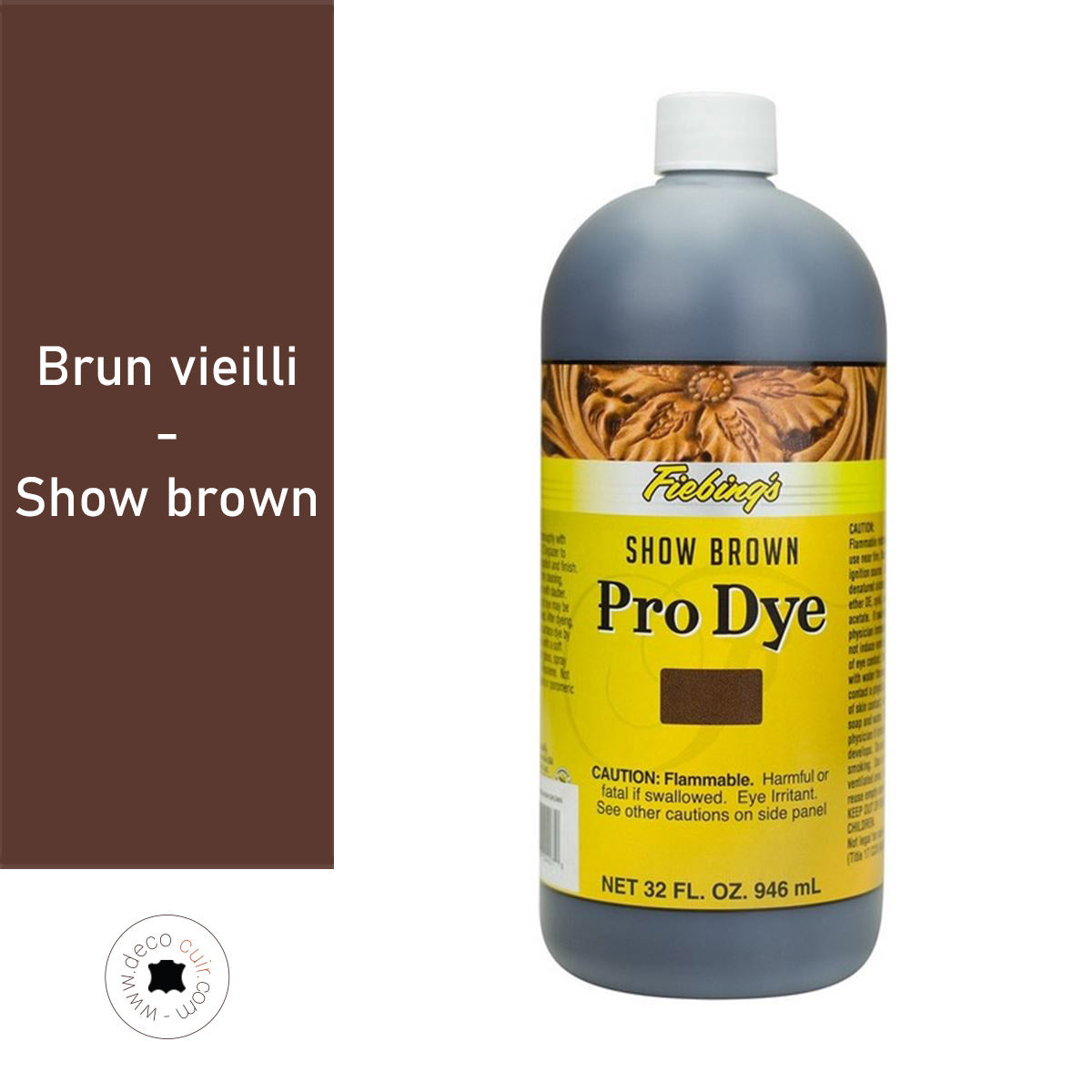 Teinture à l'huile Fiebing's Pro Dye couleur brun vieilli, bouteille de 936 ml, pour cuir et matériaux.