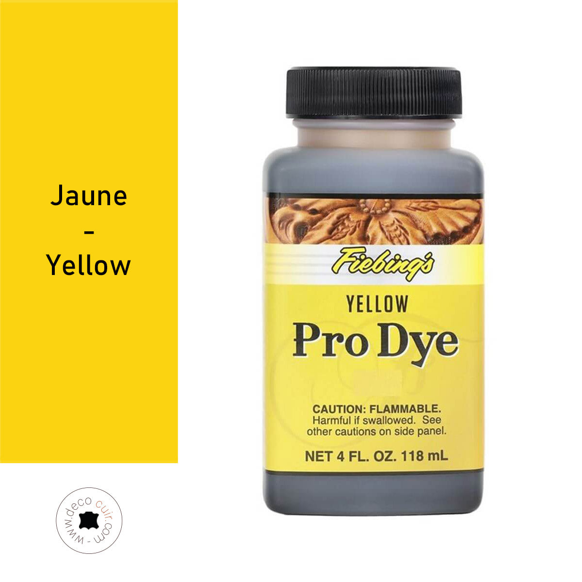 Teinture à l'huile Fiebing's Pro Dye 118ml jaune, bouteille de teinture pour cuir et matériaux.