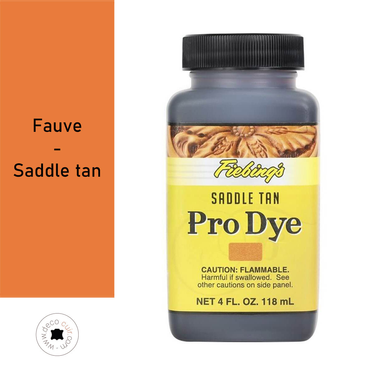 Teinture à l'huile Fiebing's Pro Dye FAUVE, teinte cuir Saddle Tan, flacon de 118ml, teintures et peintures pour cuir.