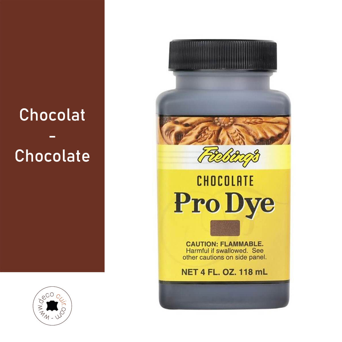 Teinture à l'huile Fiebing's Pro Dye chocolat pour cuir, 118ml, couleur marron foncé, idéale pour la coloration du cuir.