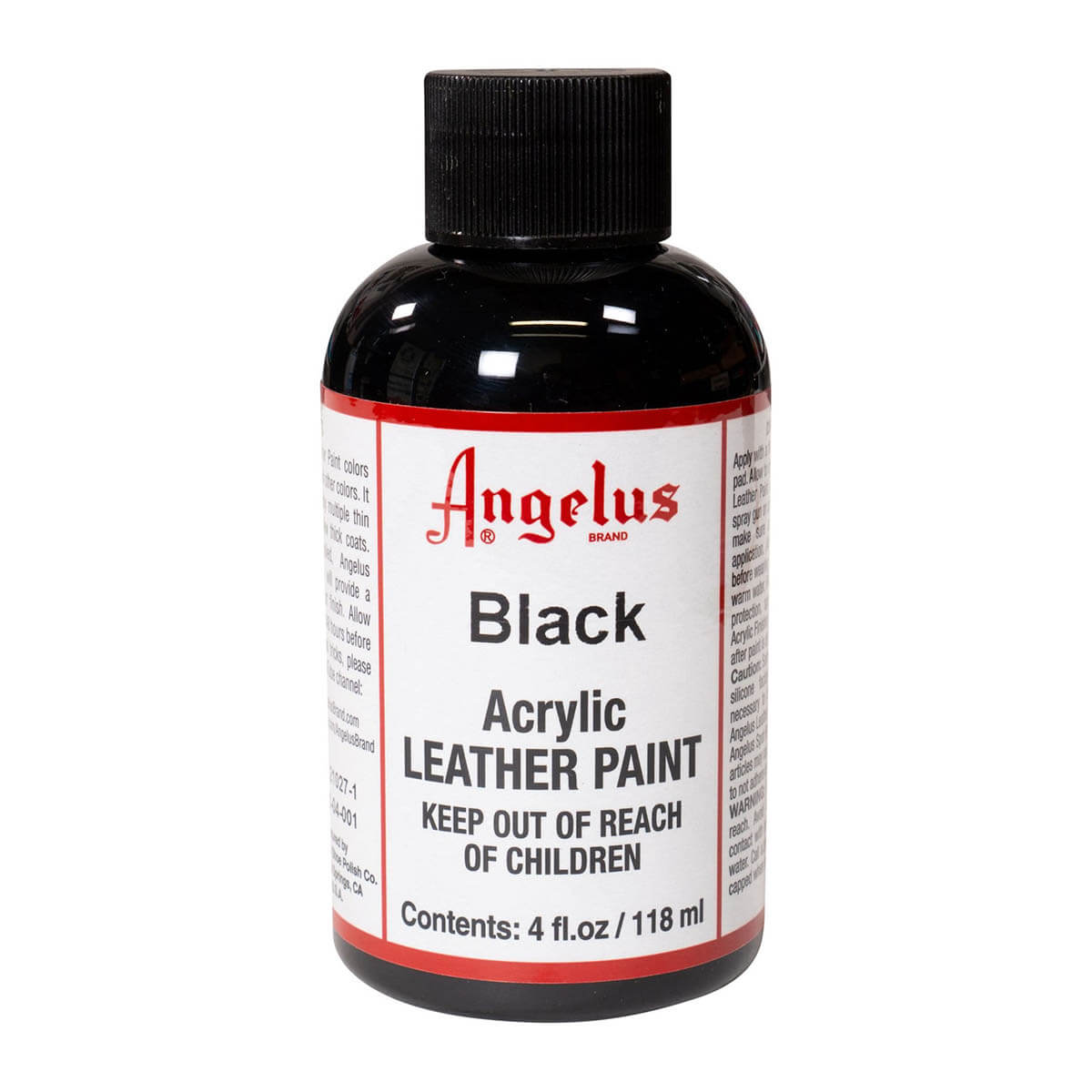 Peinture cuir acrylique Angelus Standard noire 118 ml, teinture pour cuir, applicateur et fini lisse visible sur l'image.