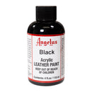 Peinture cuir acrylique Angelus Standard noire 118 ml, teinture pour cuir, applicateur et fini lisse visible sur l'image.