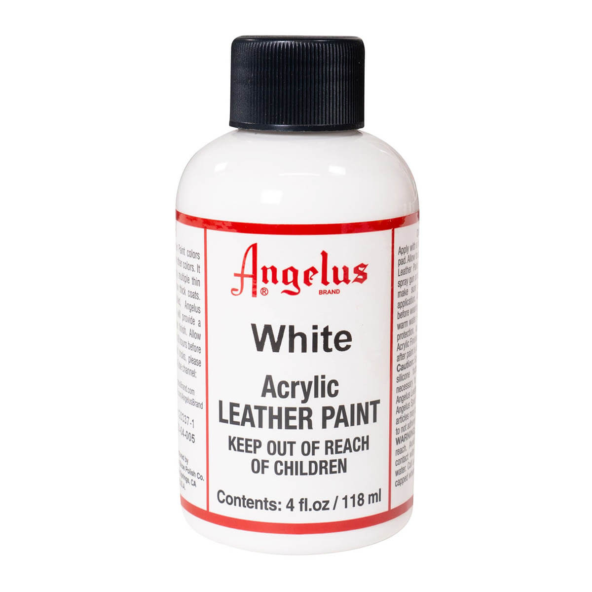 Peinture acrylique pour cuir Angelus, couleur blanche, 118 ml, peinture standard pour réparation et décoration de cuir.