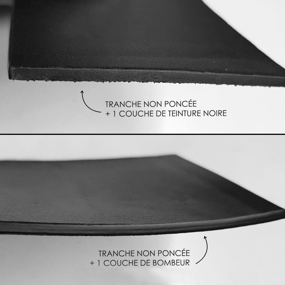 Bombeur de tranche noir de la marque Deco Cuir, utilisé pour la teinture et la peinture du cuir.