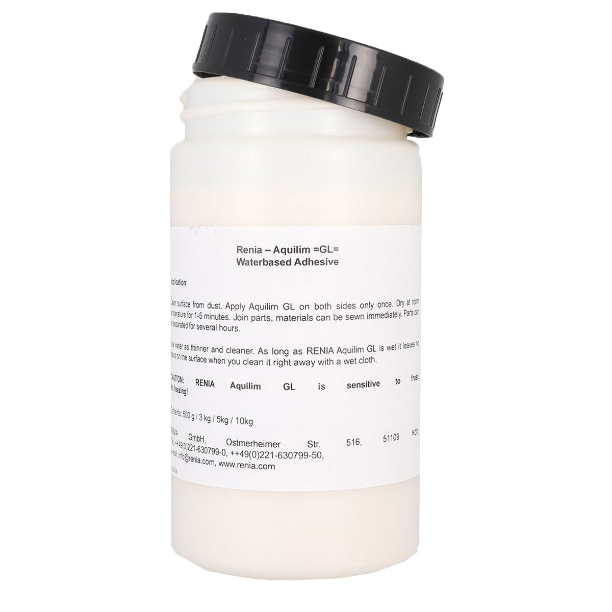 Colle contact semi-permanente Renia Aquilim GL pour cuir, tube de 500g, idéale pour collage durable de matériaux en cuir.