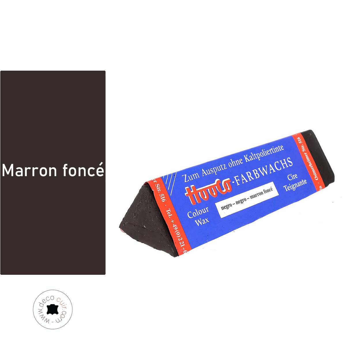 Pain de cire teignante pour cuir Hooco, couleur marron foncé, utilisé pour l'entretien et la restauration du cuir.