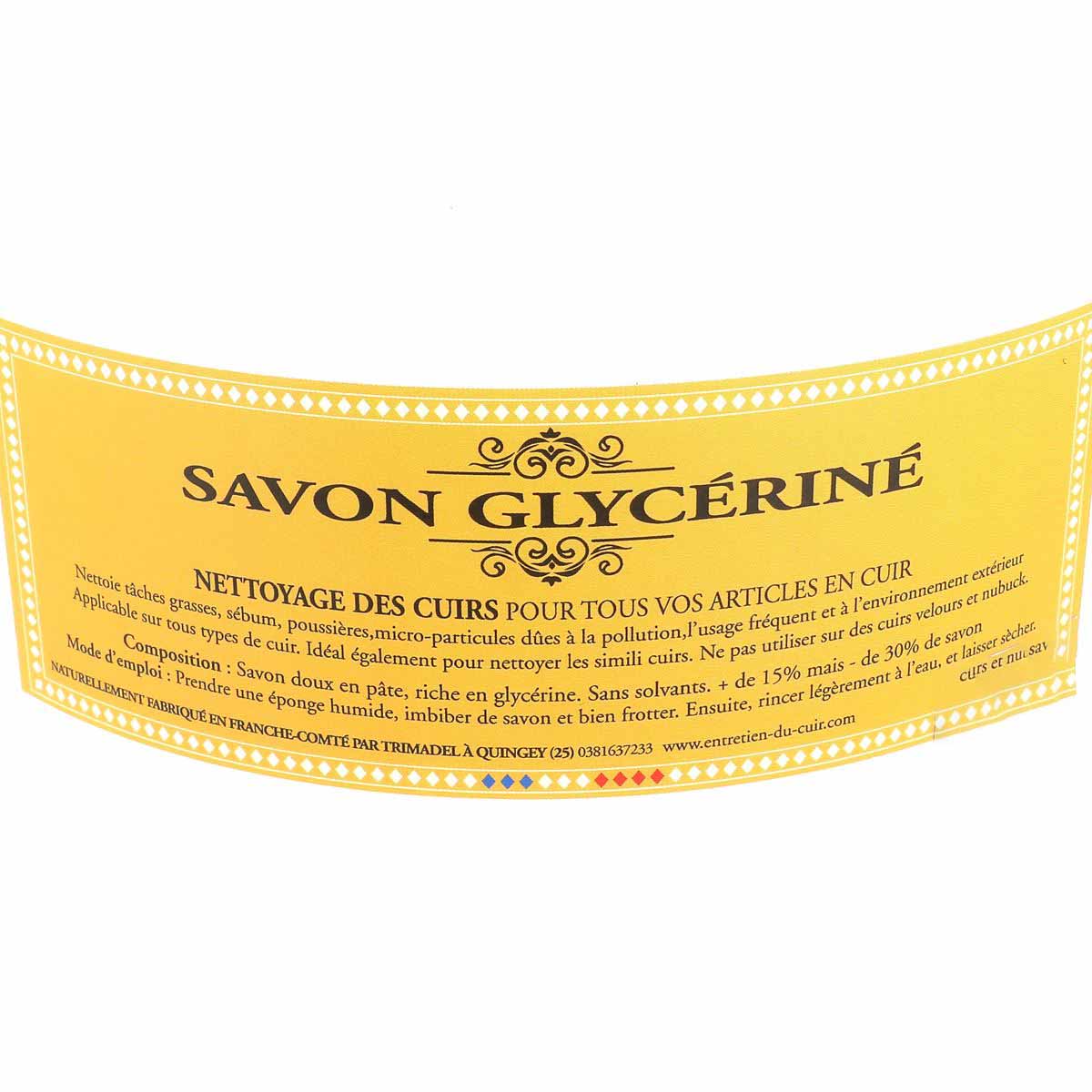 Savon en pâte enrichi à la glycérine pour nettoyer le cuir, produit d'entretien de la marque Trimadel, présenté en bloc.