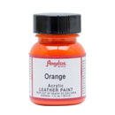 Peinture en acrylique pour cuir Angelus, teinte orange standard 024, visible en pot avec texture colorée.