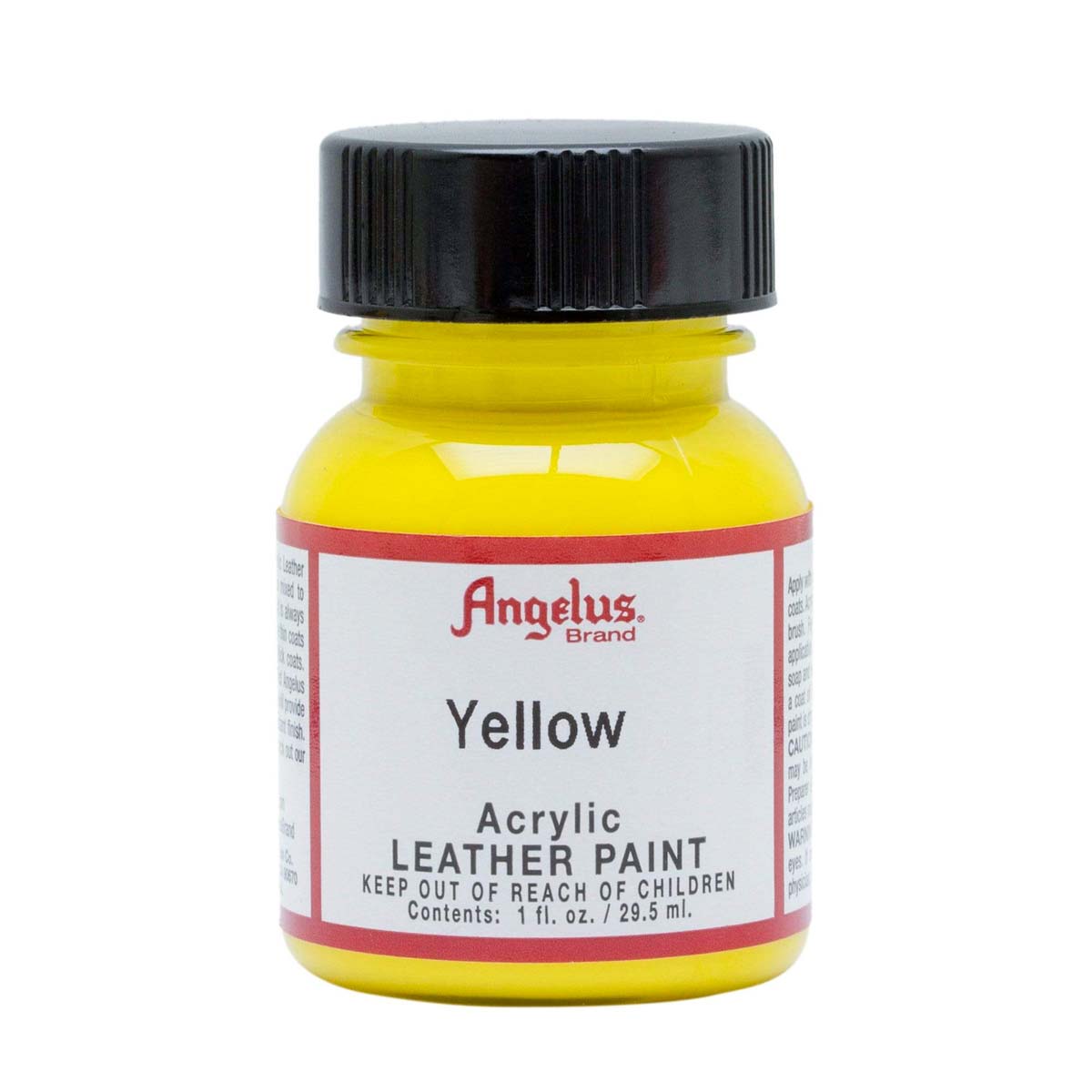 Peinture acrylique pour cuir Angelus en jaune standard, 075, texture visible sur la surface du cuir.