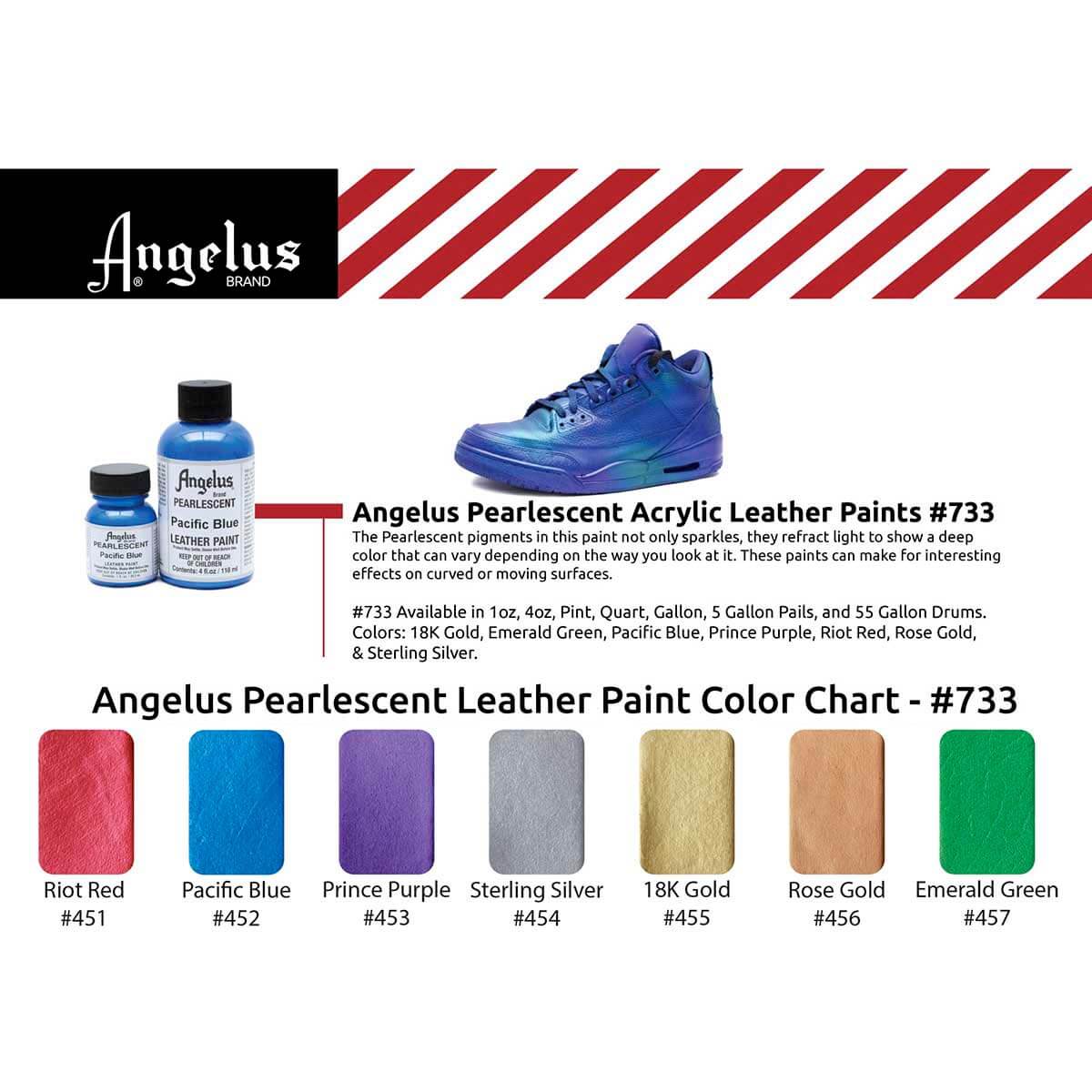 Nuancier peinture cuir acrylique Angelus Pearlescent, fini nacré brillant.
