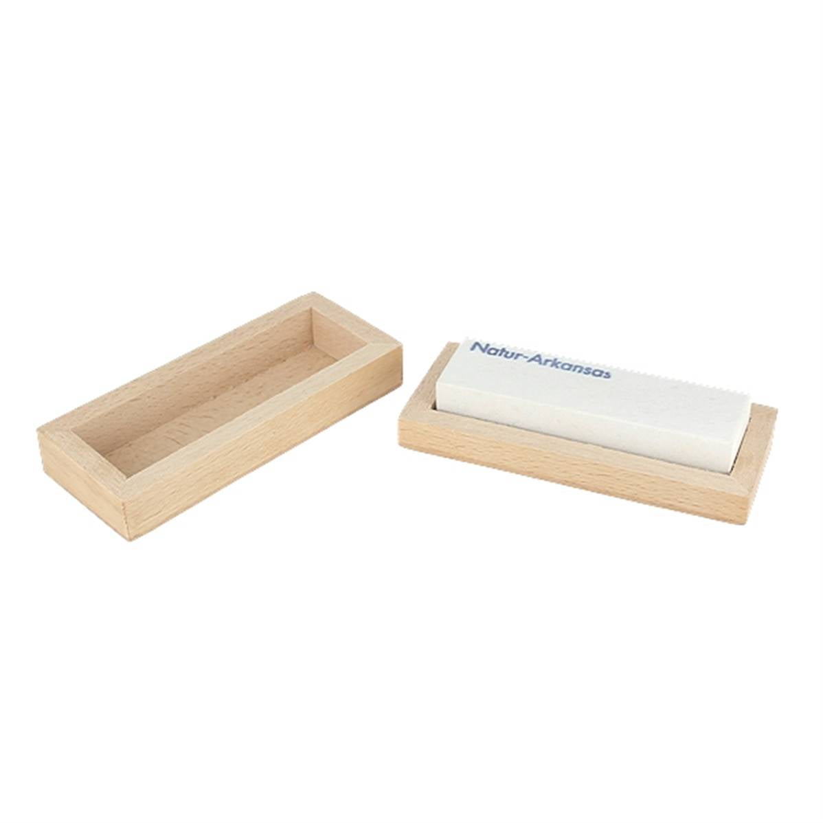 Pierre à affûter Arkansas de la marque Herbertz dans un coffret en bois, outil de précision pour affûtage.