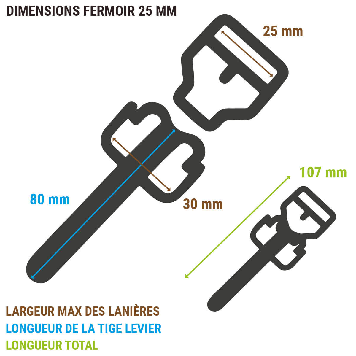 Fermoir pour sac CINCH de 25 mm, accessoire de fixation en métal, conçu pour sécuriser et ajuster les sacs.