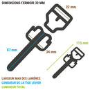 Fermoir pour sac CINCH de 32 mm, accessoire en métal, utilisé pour sécuriser et ajuster la fermeture du sac.